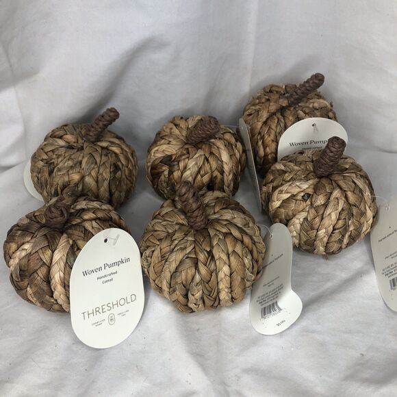 THRESHOLD Farmhouse Boho WOVEN RATTAN PUMPKINS Fall Decor Small 4" LOT OF 6 - Picture 1 of 3